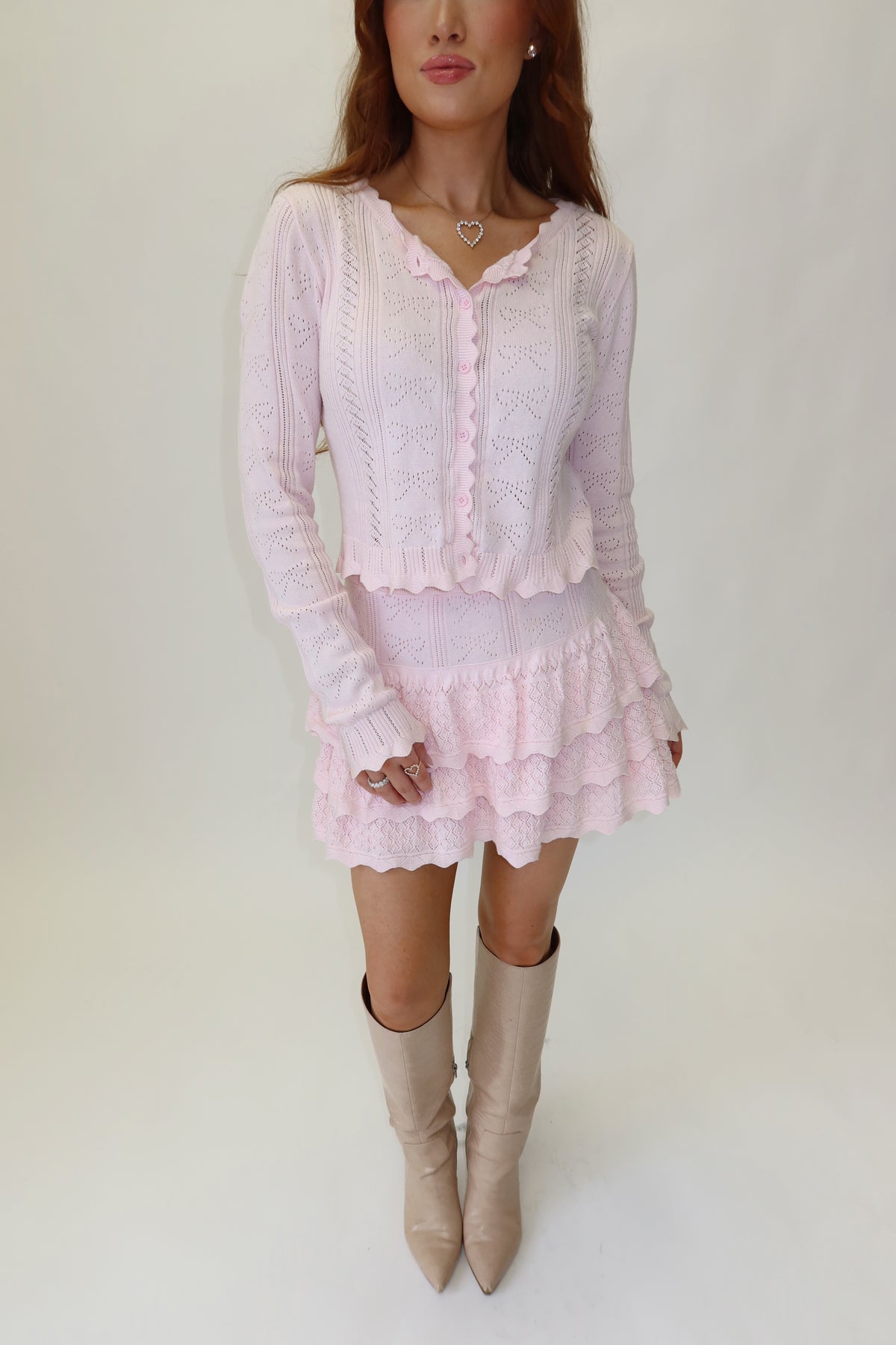 Rosie Bow Detail Cardigan & Tiered Skirt Set
