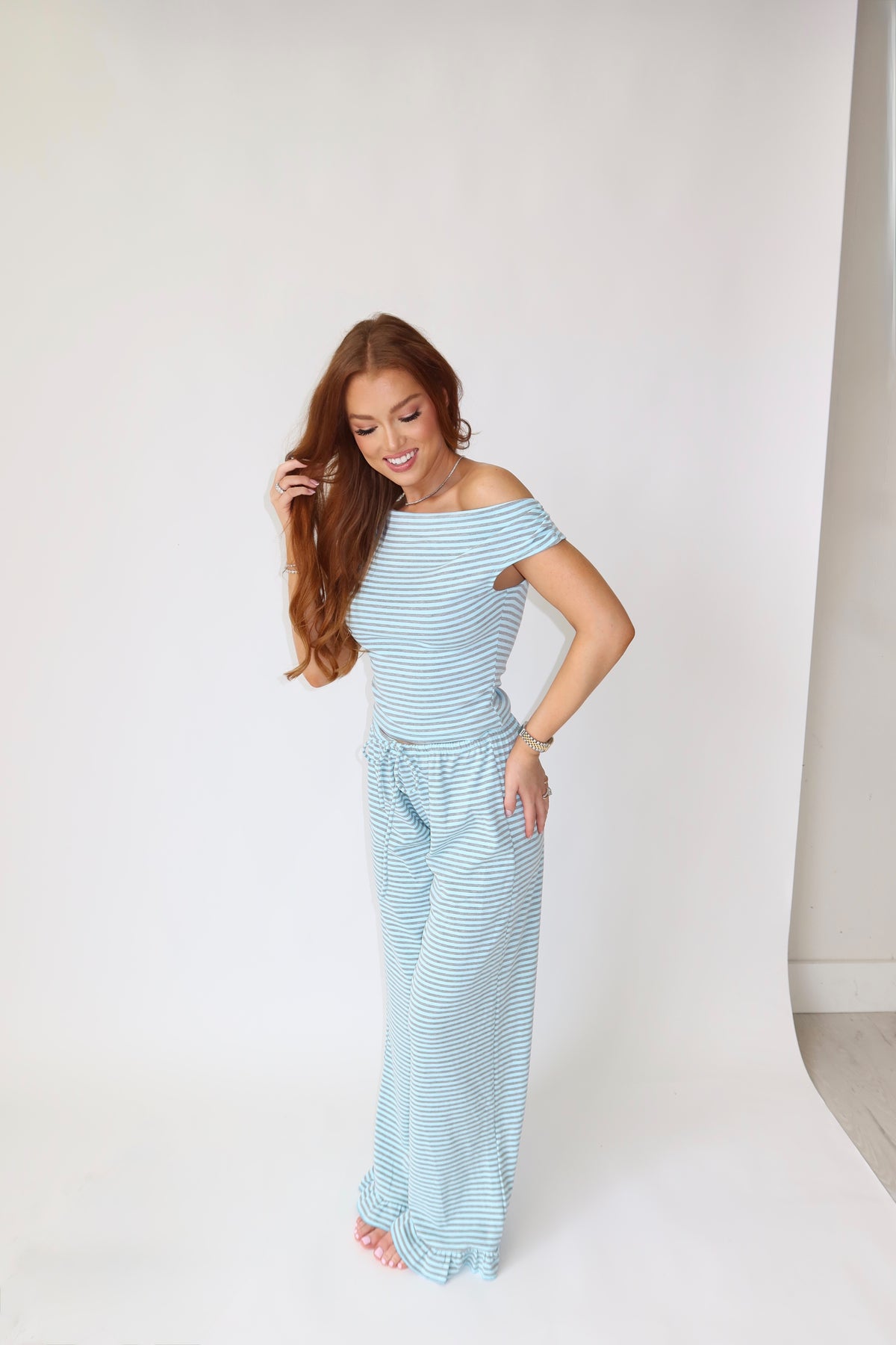 Carly Stripe Top & Ruffle Pants Athleisure Set