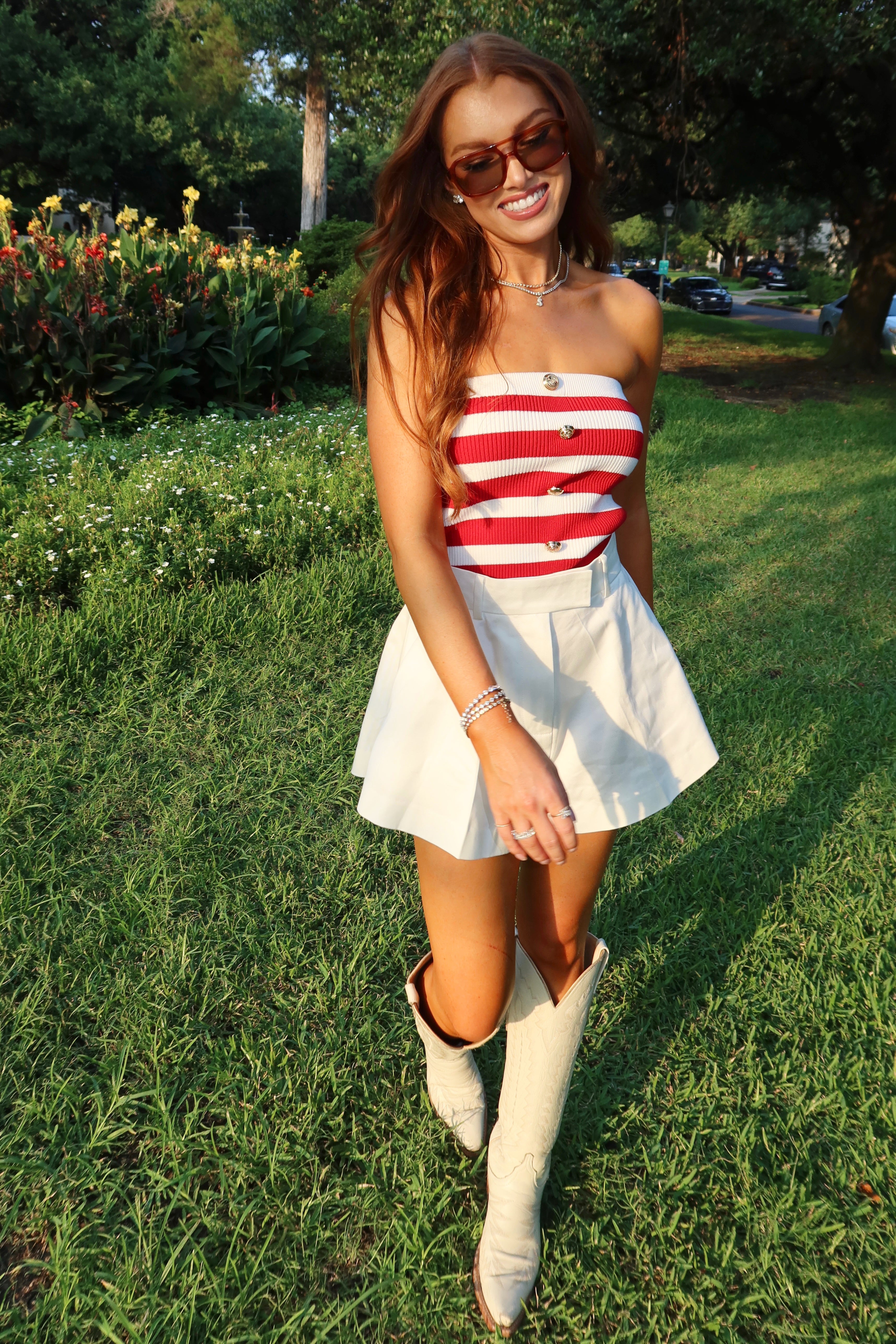Stripe Strapless Gold Button Front Top