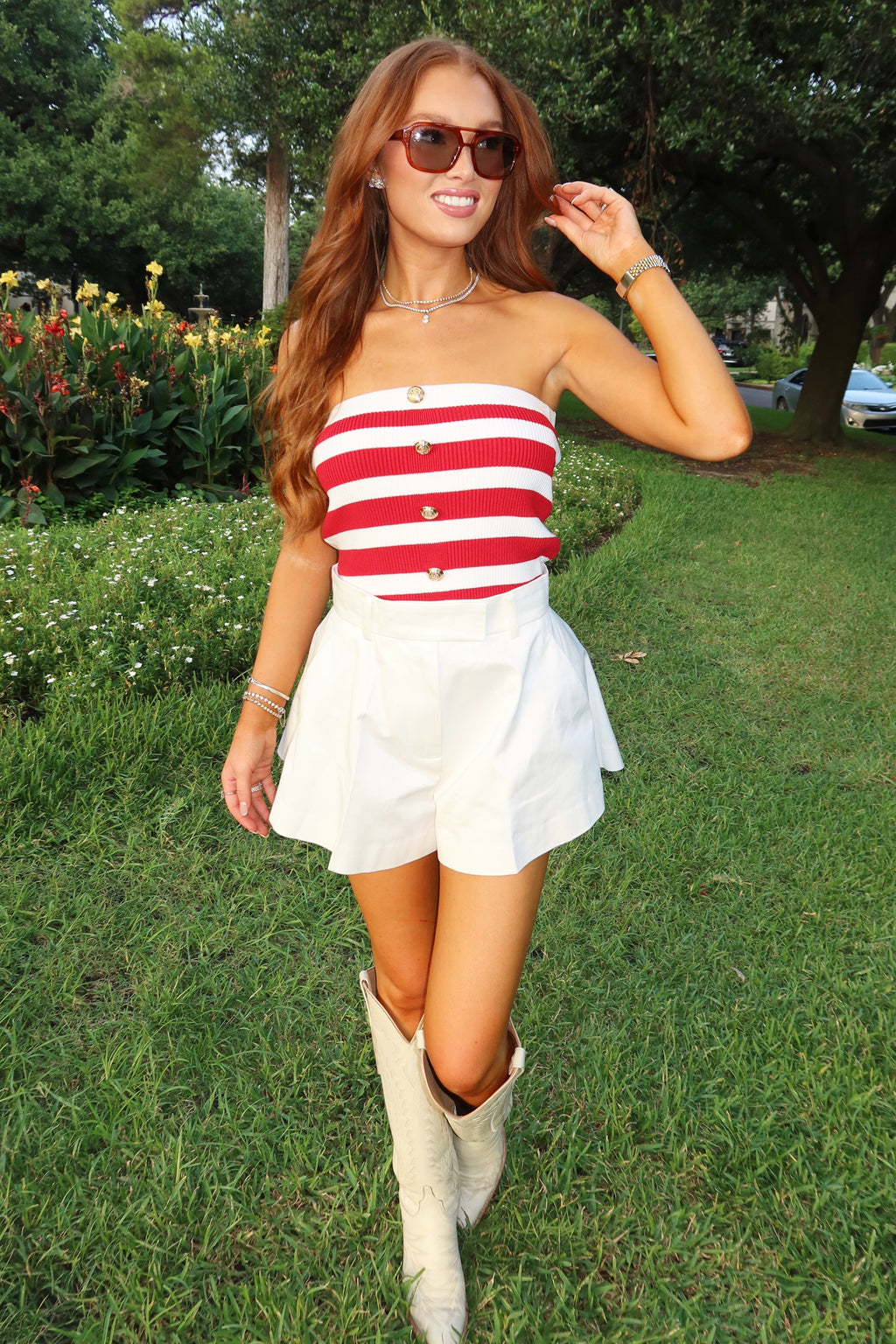 Stripe Strapless Gold Button Front Top