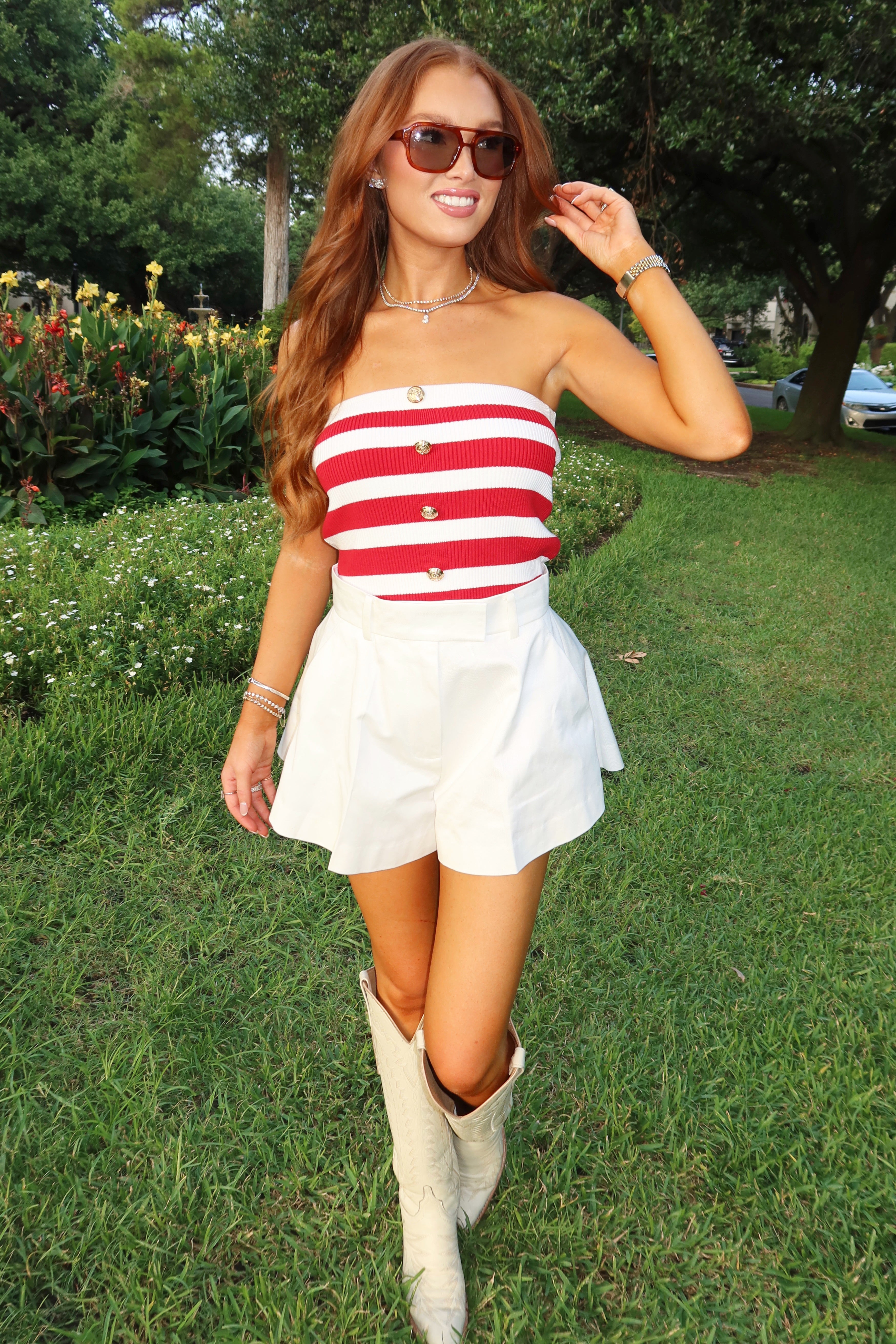 Stripe Strapless Gold Button Front Top