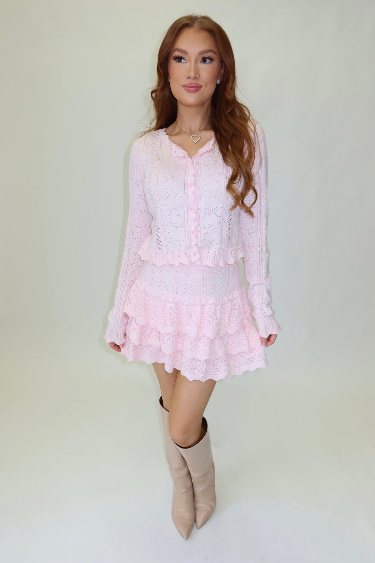 Rosie Bow Detail Cardigan & Tiered Skirt Set