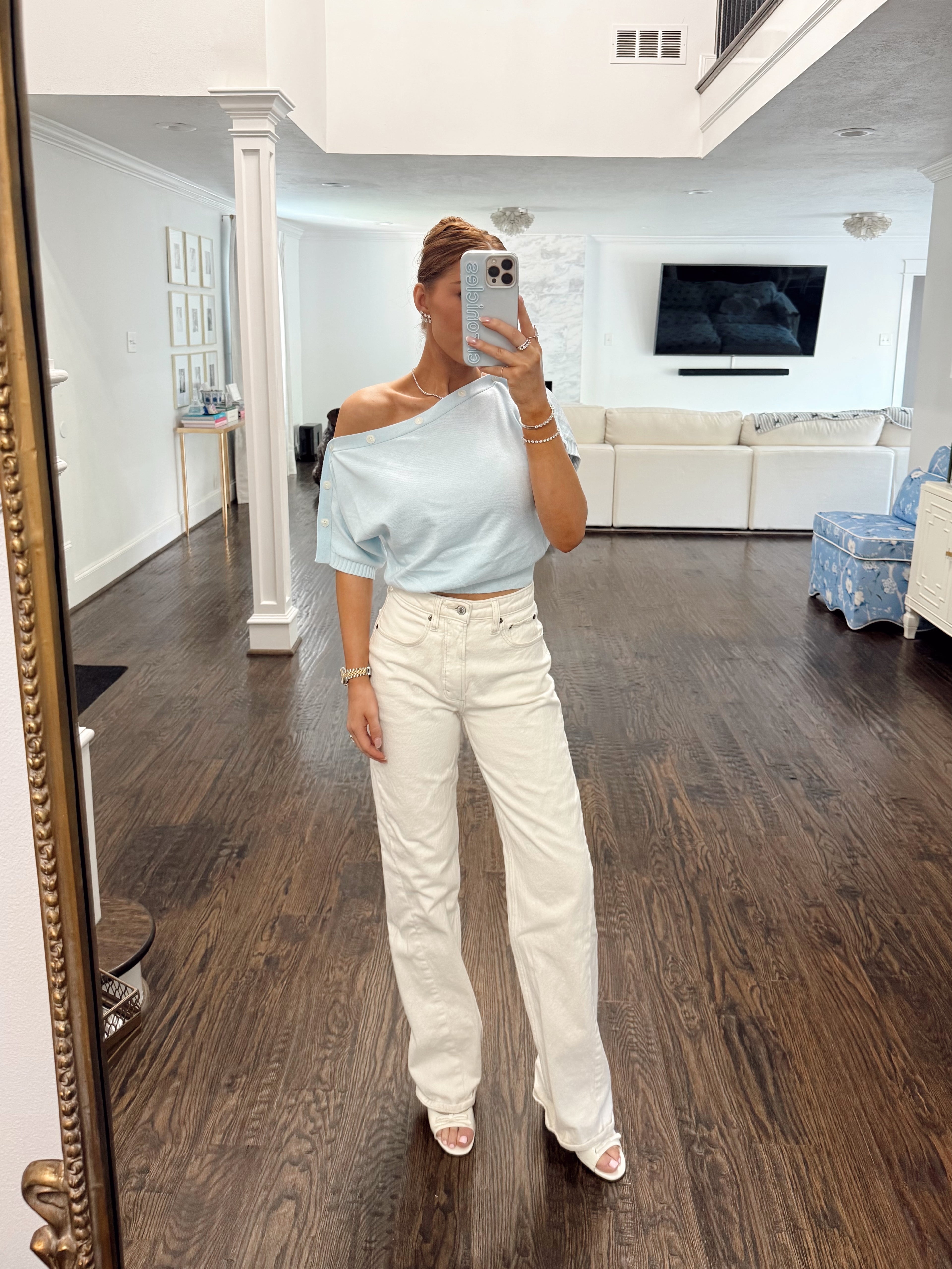 Julia Adjustable Baby Blue Button Knit Blouse