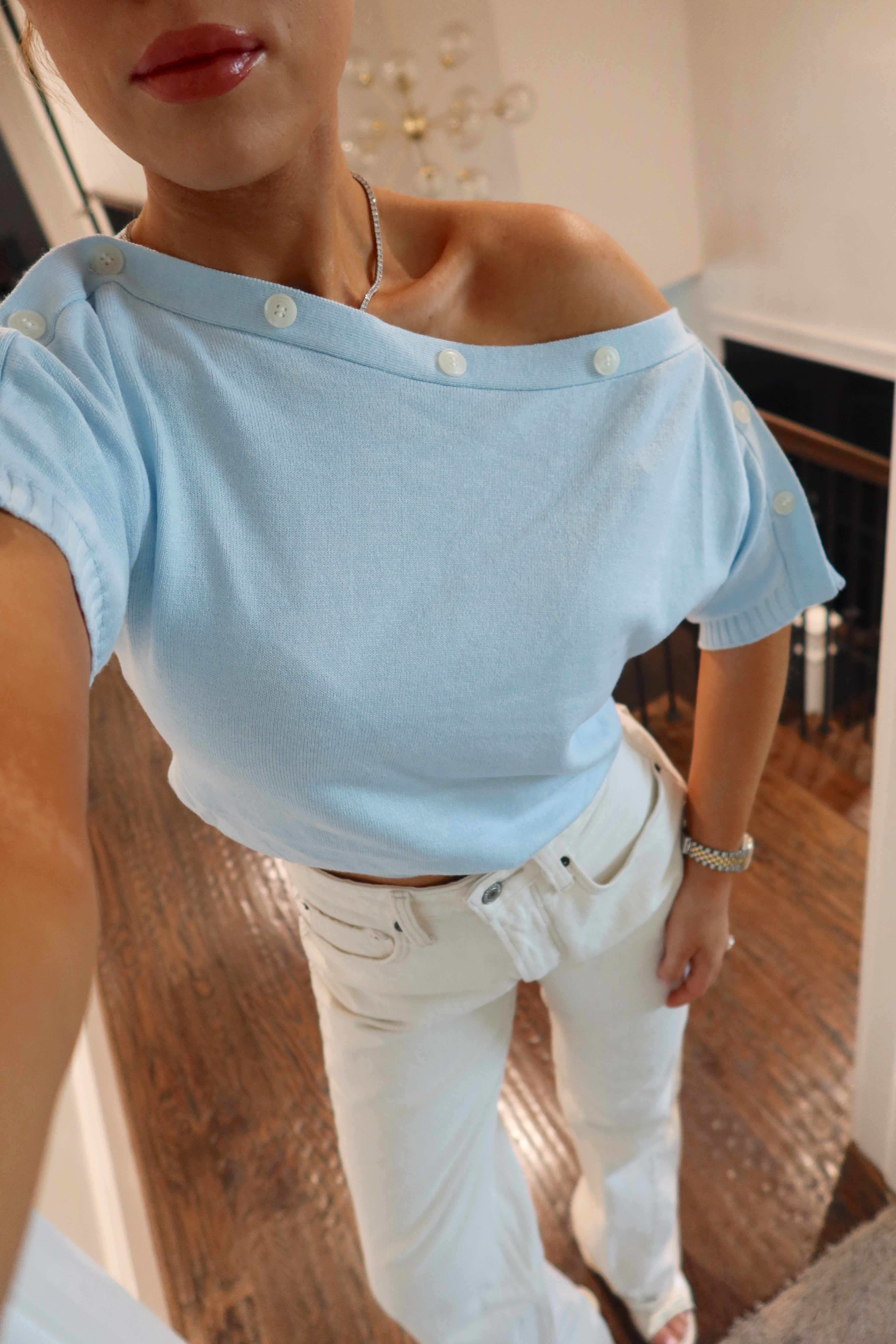 Julia Adjustable Baby Blue Button Knit Blouse
