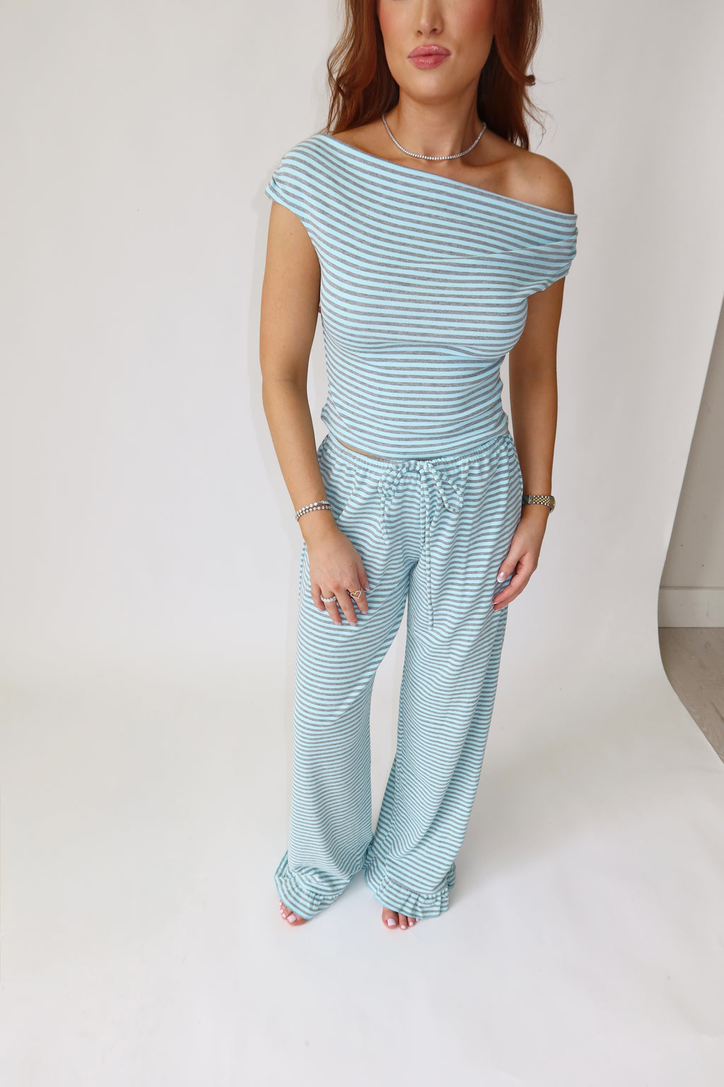 Carly Stripe Top & Ruffle Pants Athleisure Set