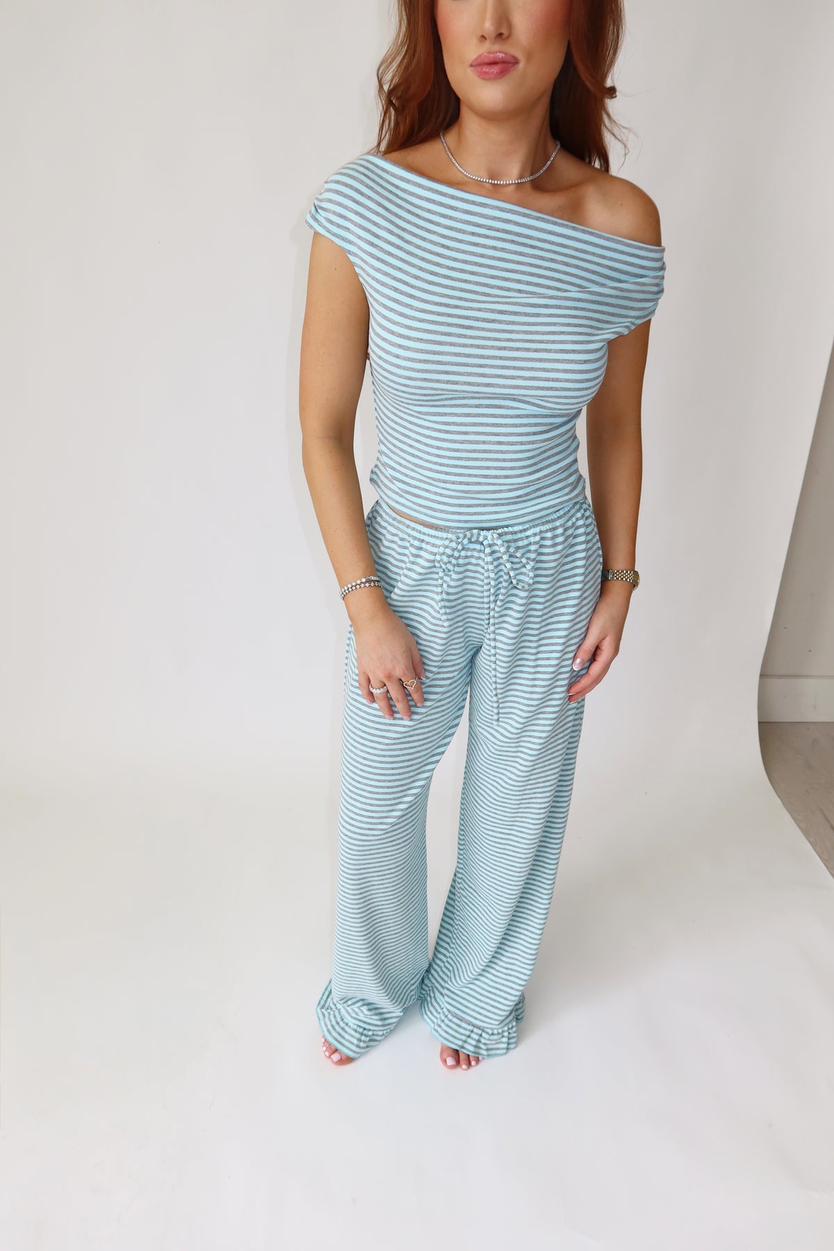 Carly Stripe Top & Ruffle Pants Athleisure Set