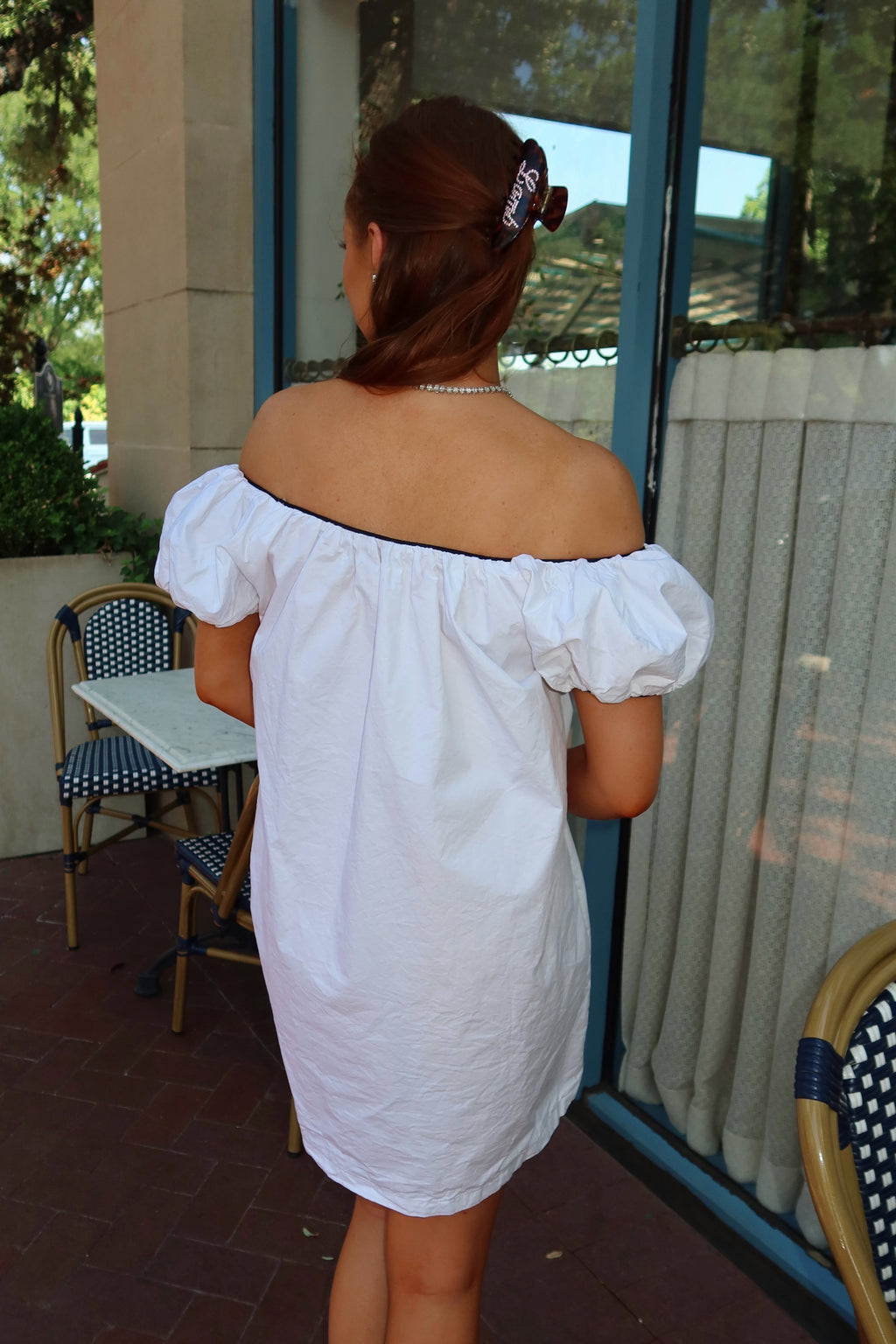 Saylor Mae White Baby Doll Dress with Black Piping + Bow