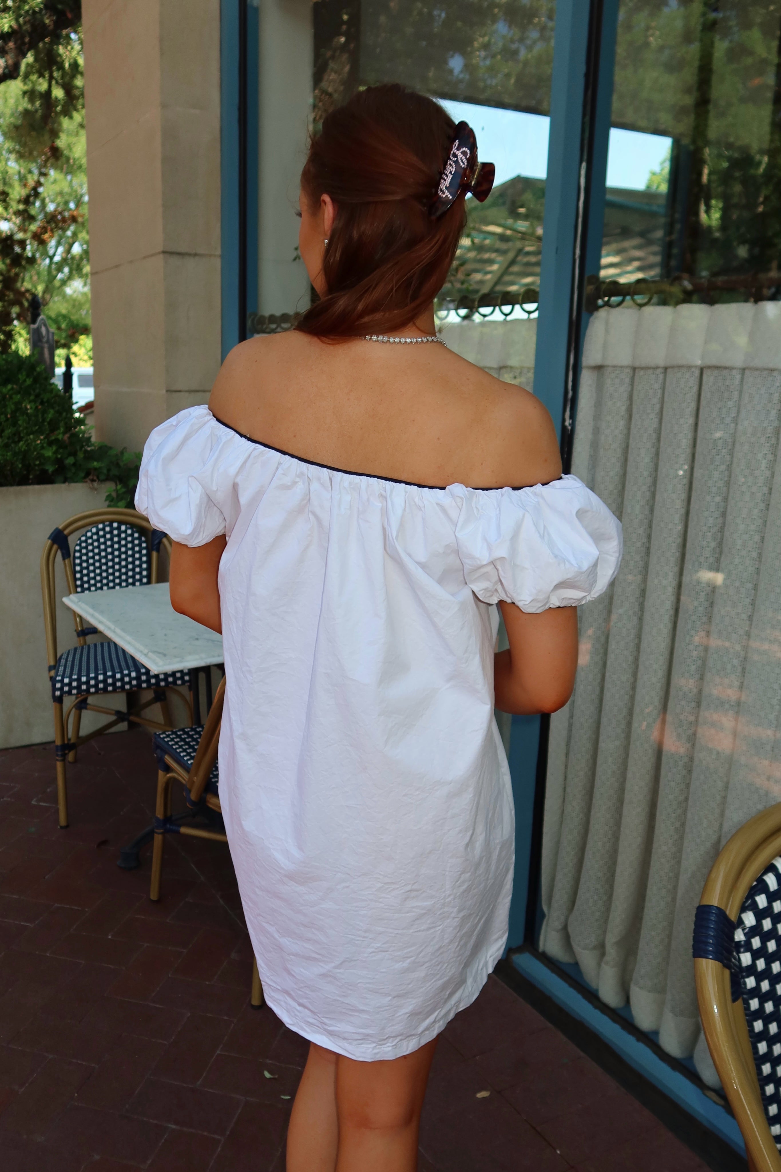 Saylor Mae White Baby Doll Dress with Black Piping + Bow