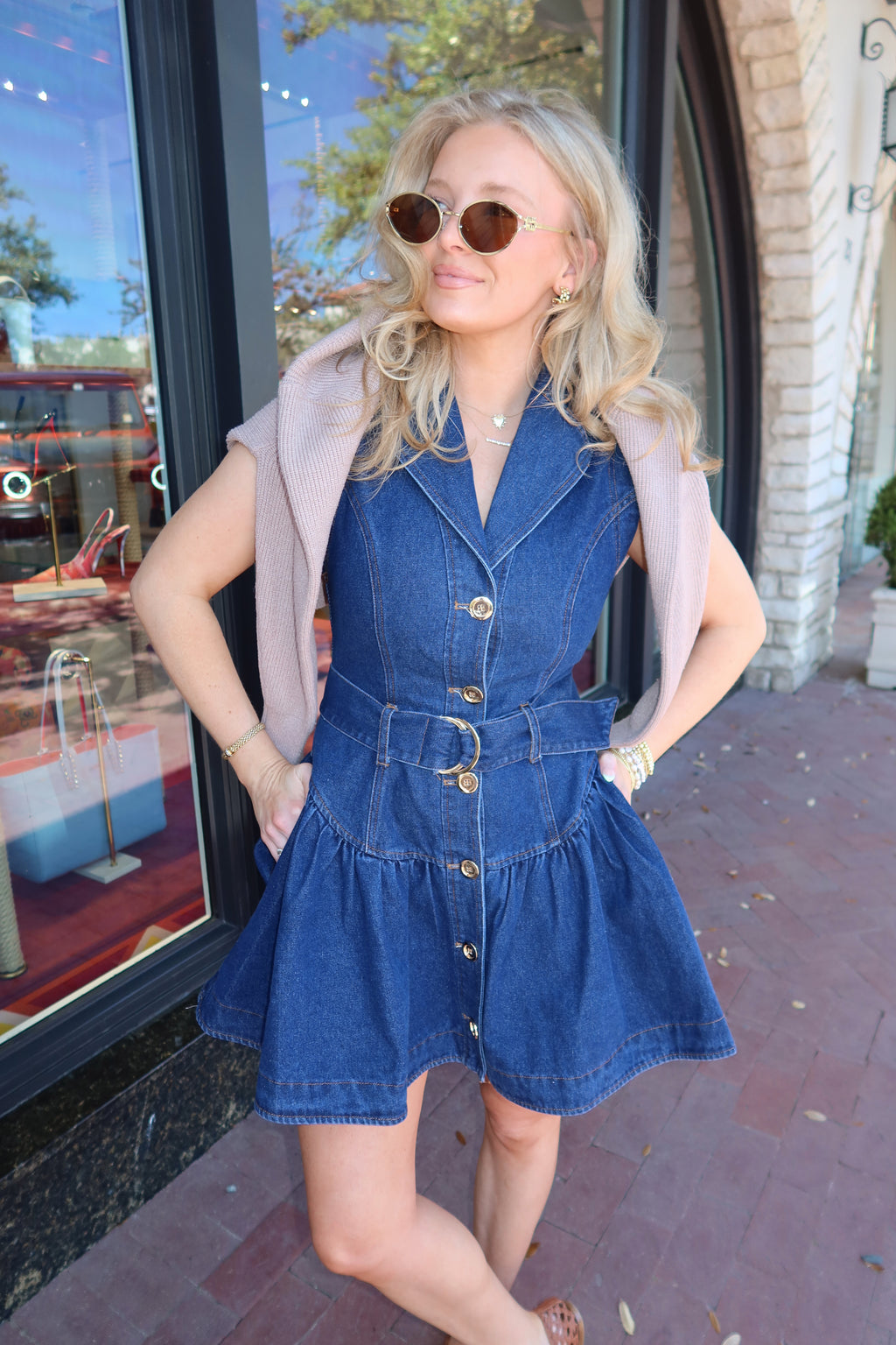 Anna Grace Denim Belted Dress