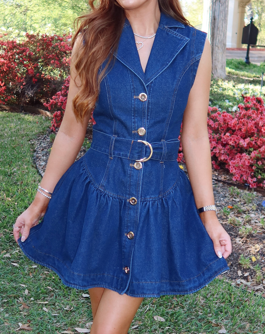 Anna Grace Denim Belted Dress