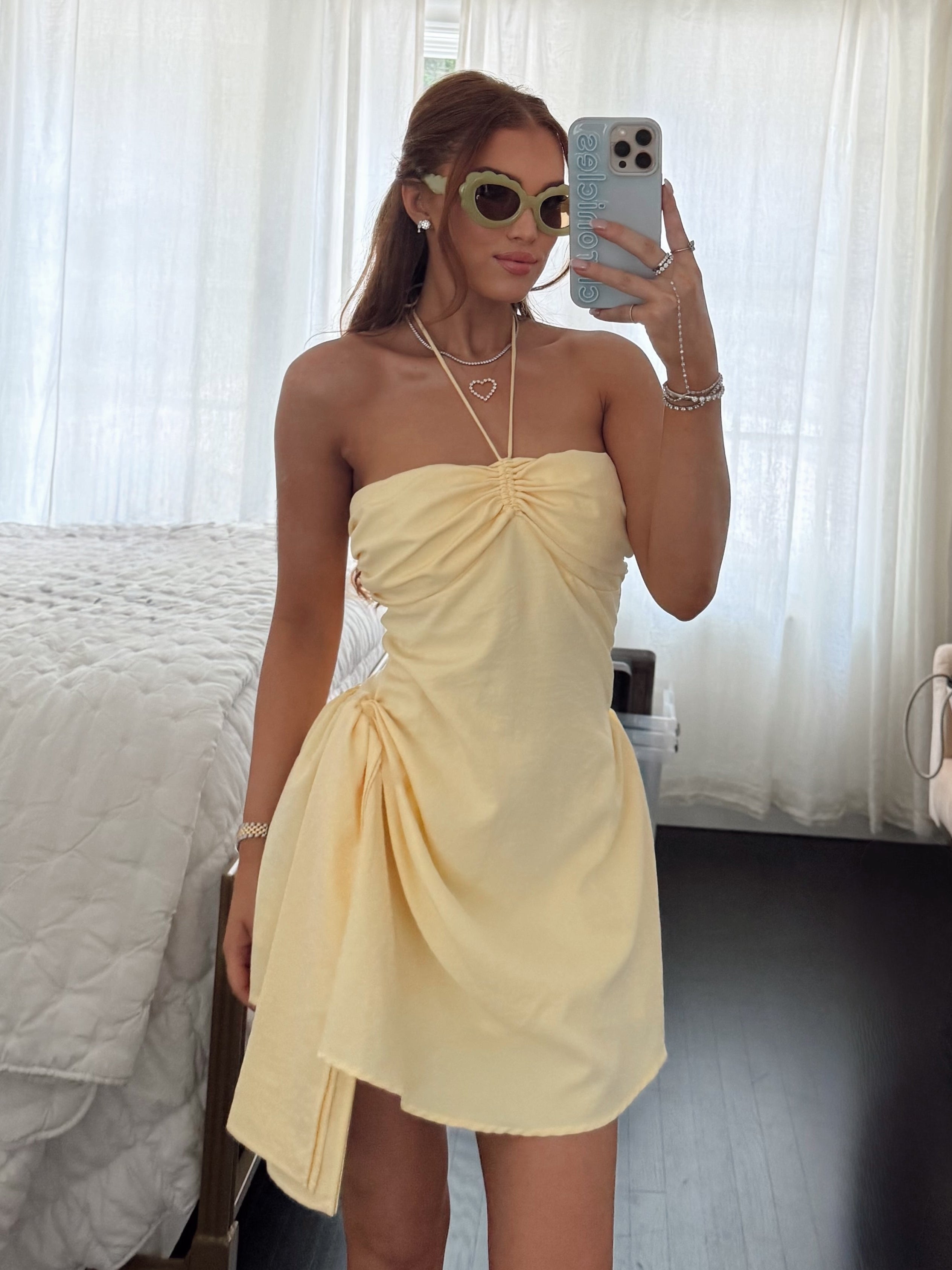 Mattie Ruched Halter Butter Yellow Mini Dress