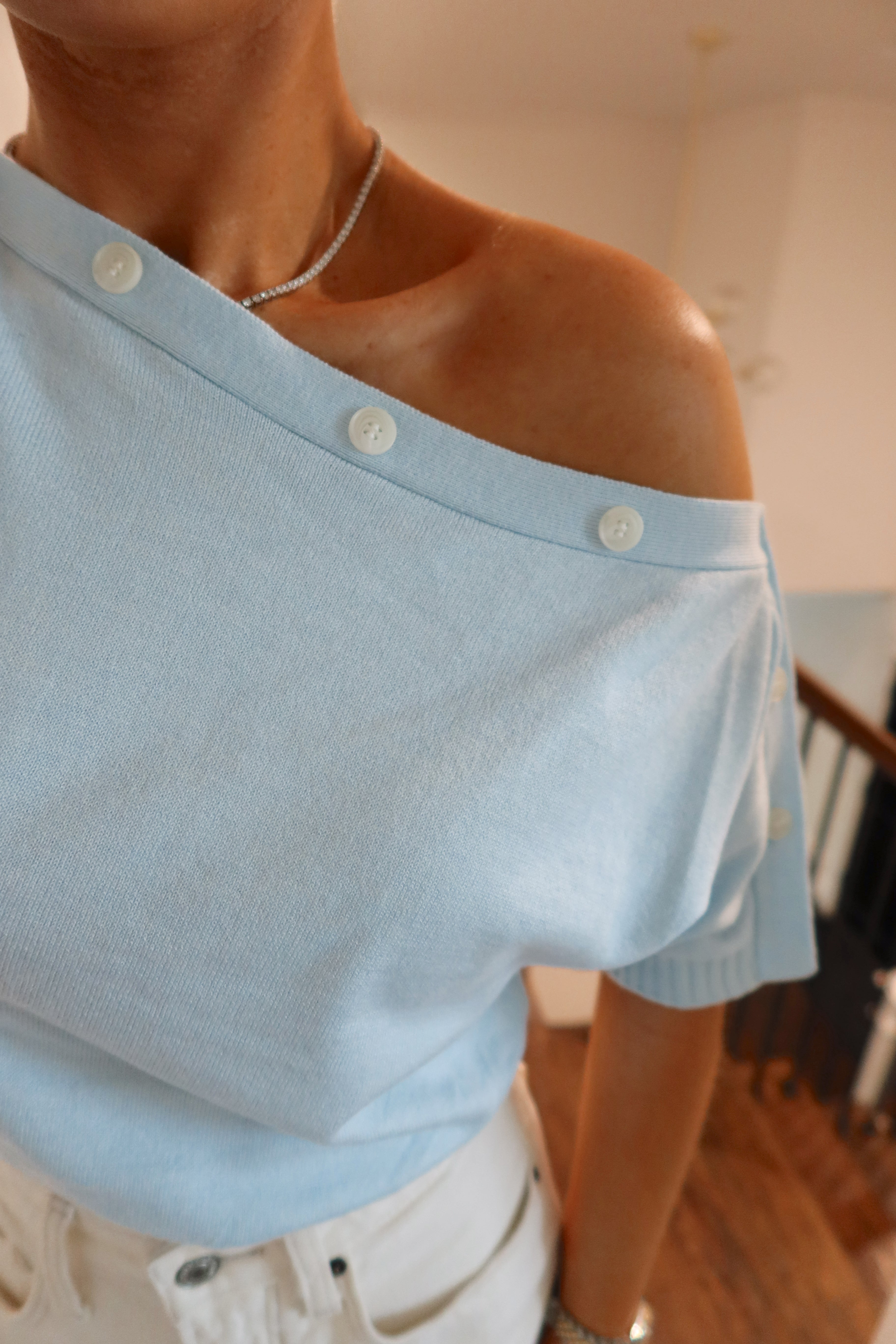 Julia Adjustable Baby Blue Button Knit Blouse