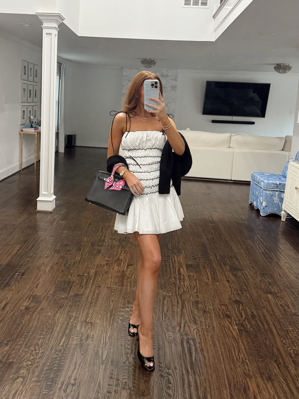 All Tied Up White Mini Dress with Black Bow Accents
