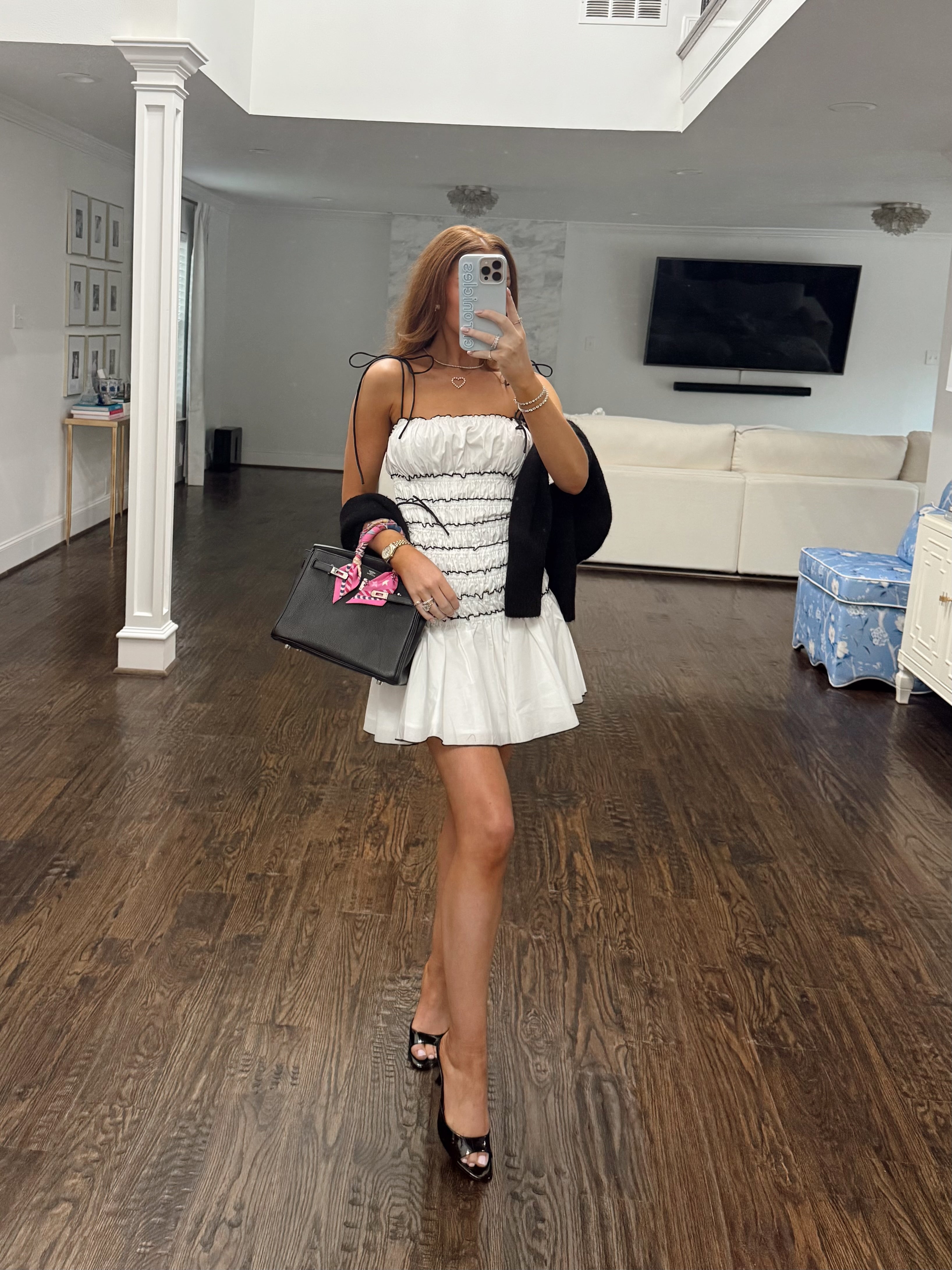All Tied Up White Mini Dress with Black Bow Accents