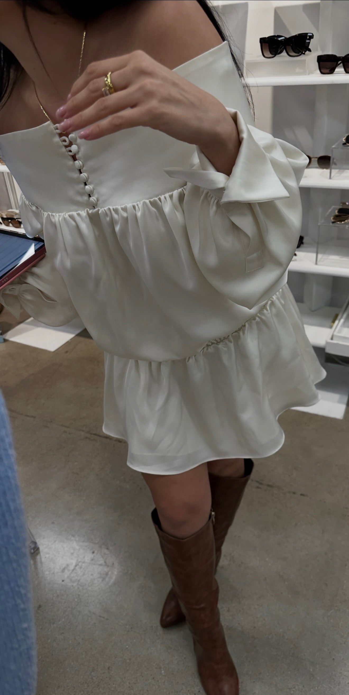 Nicolo Off The Shoulder Button Mini Dress - Dove