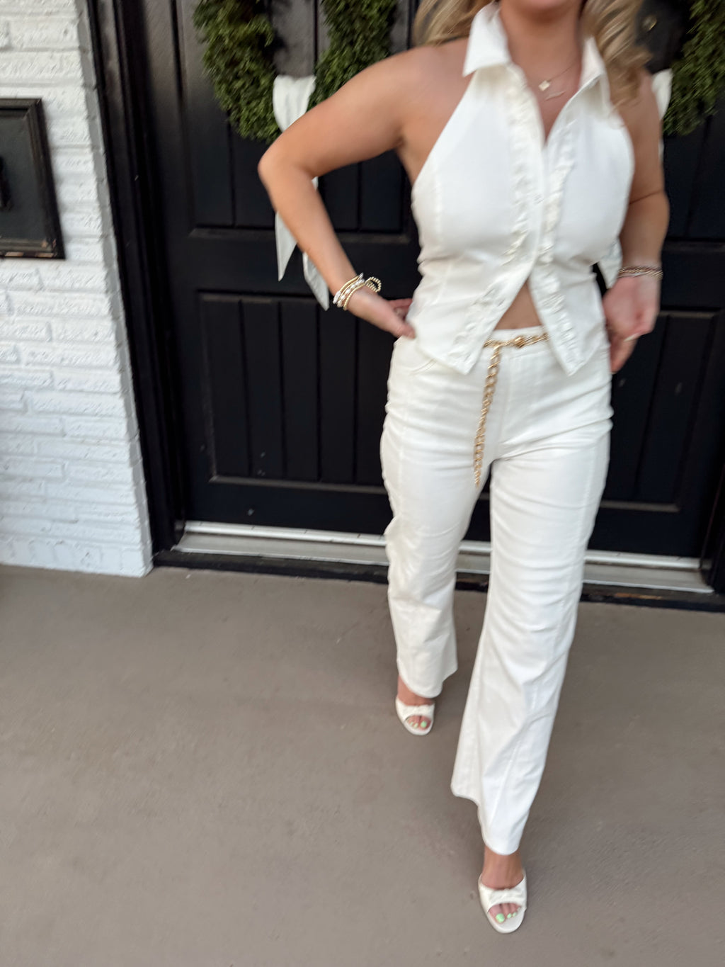 Chelsi Button Halter & Straight Leg Pants With Chain Belt
