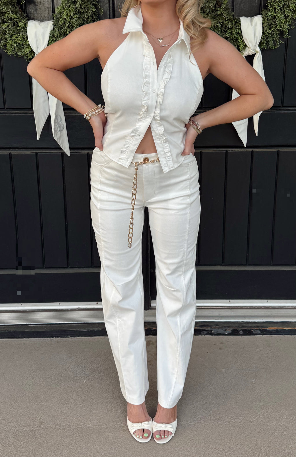Chelsi Button Halter & Straight Leg Pants With Chain Belt