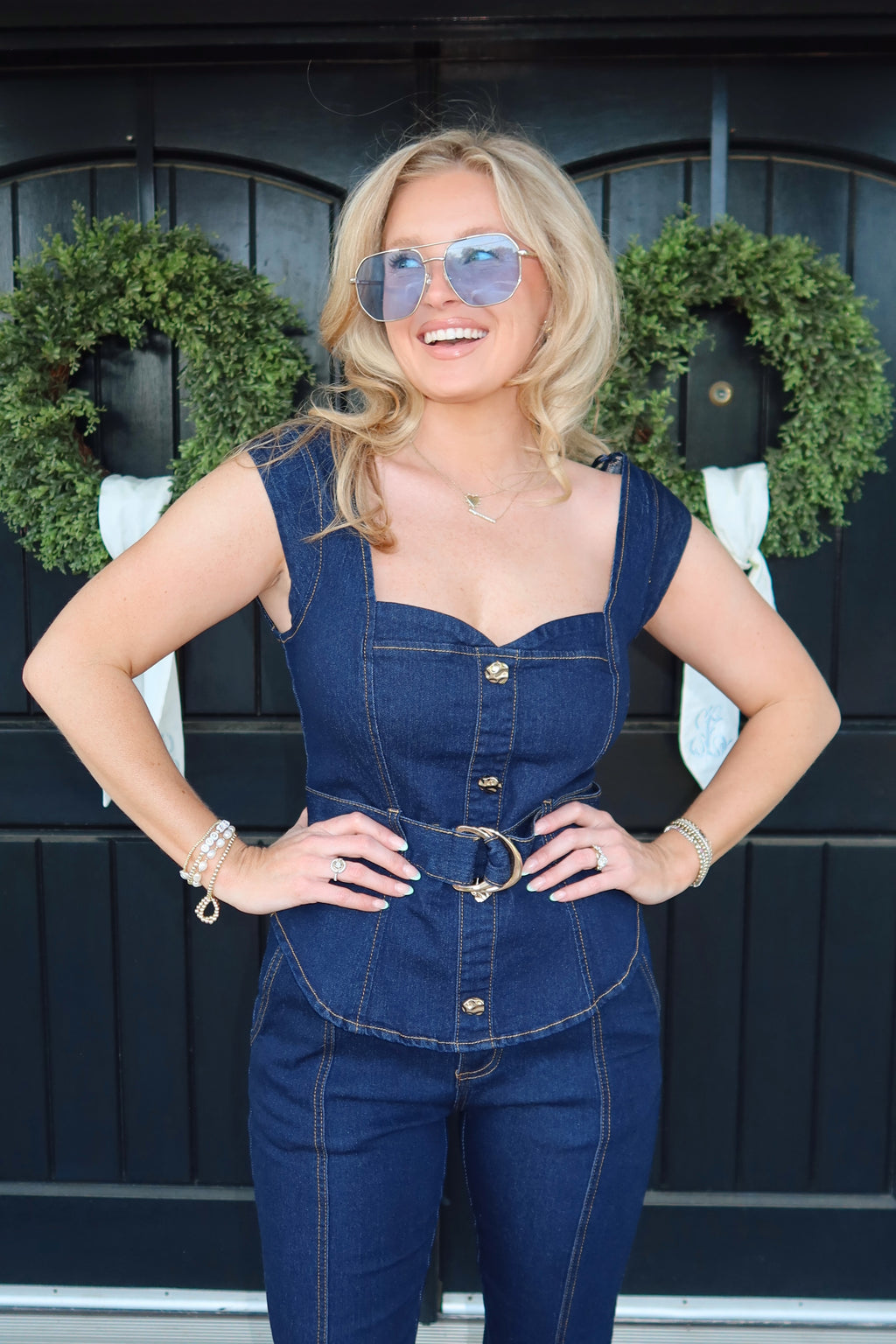 Dede Denim Belted Peplum Top & Pant Set