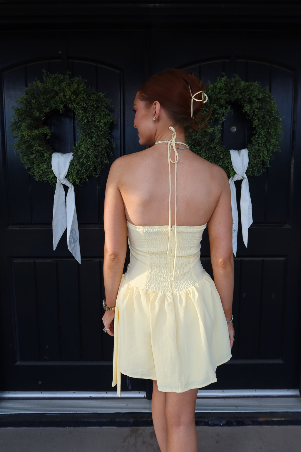 Mattie Ruched Halter Butter Yellow Mini Dress