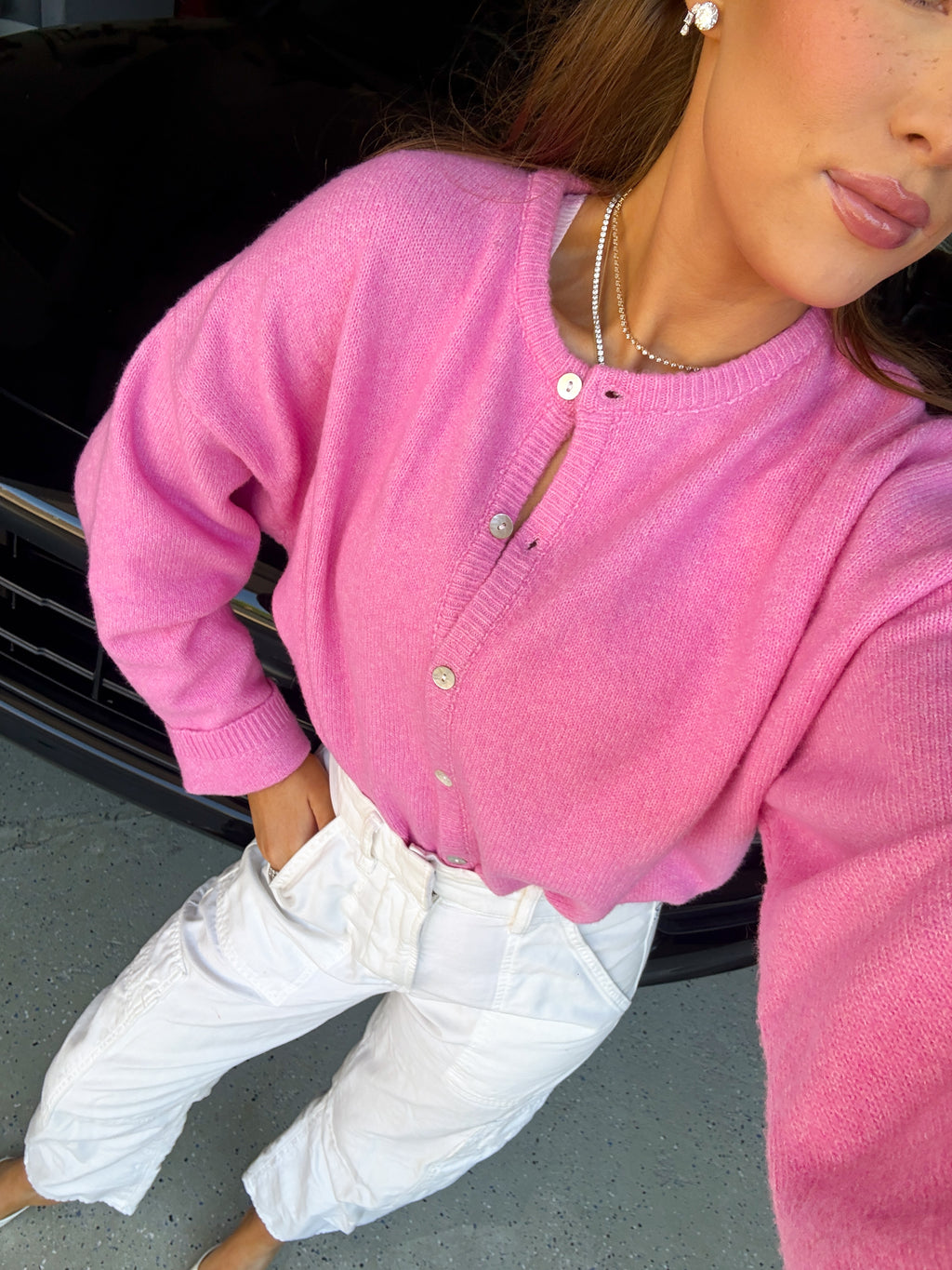 Pink Crewneck Cardigan