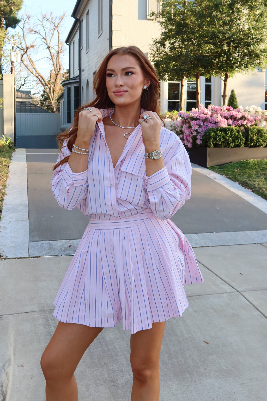 Saylor Stripe Button Down Shorts Set
