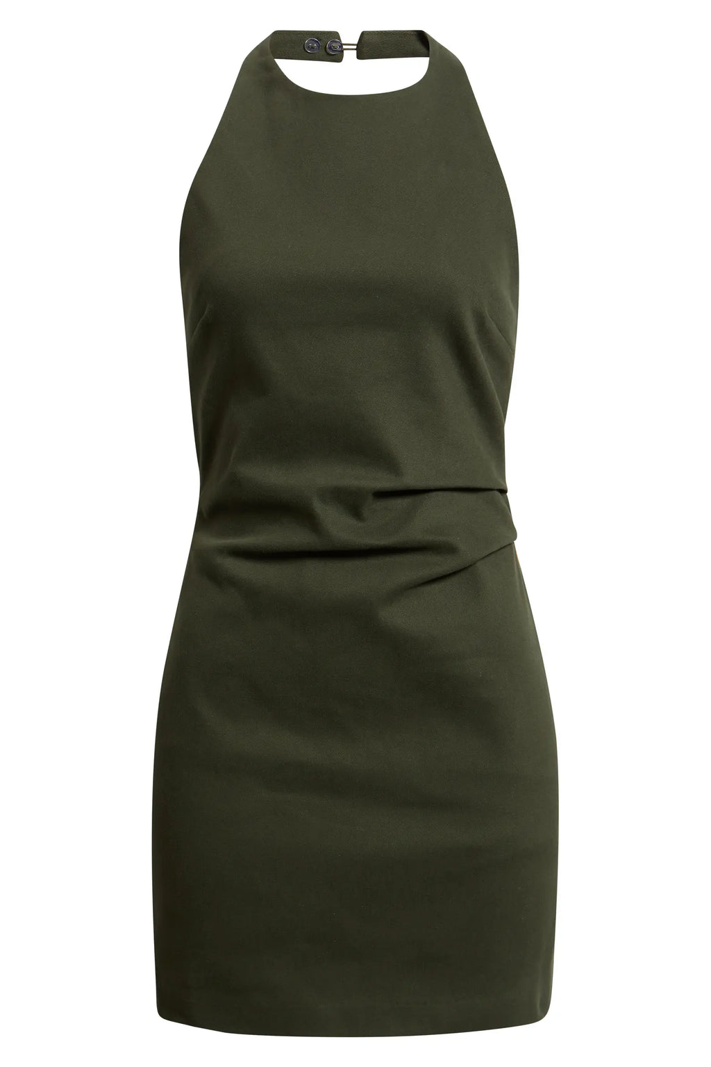 An olive green halter-neck dress with a ruched waist detail, shown against a plain white background.