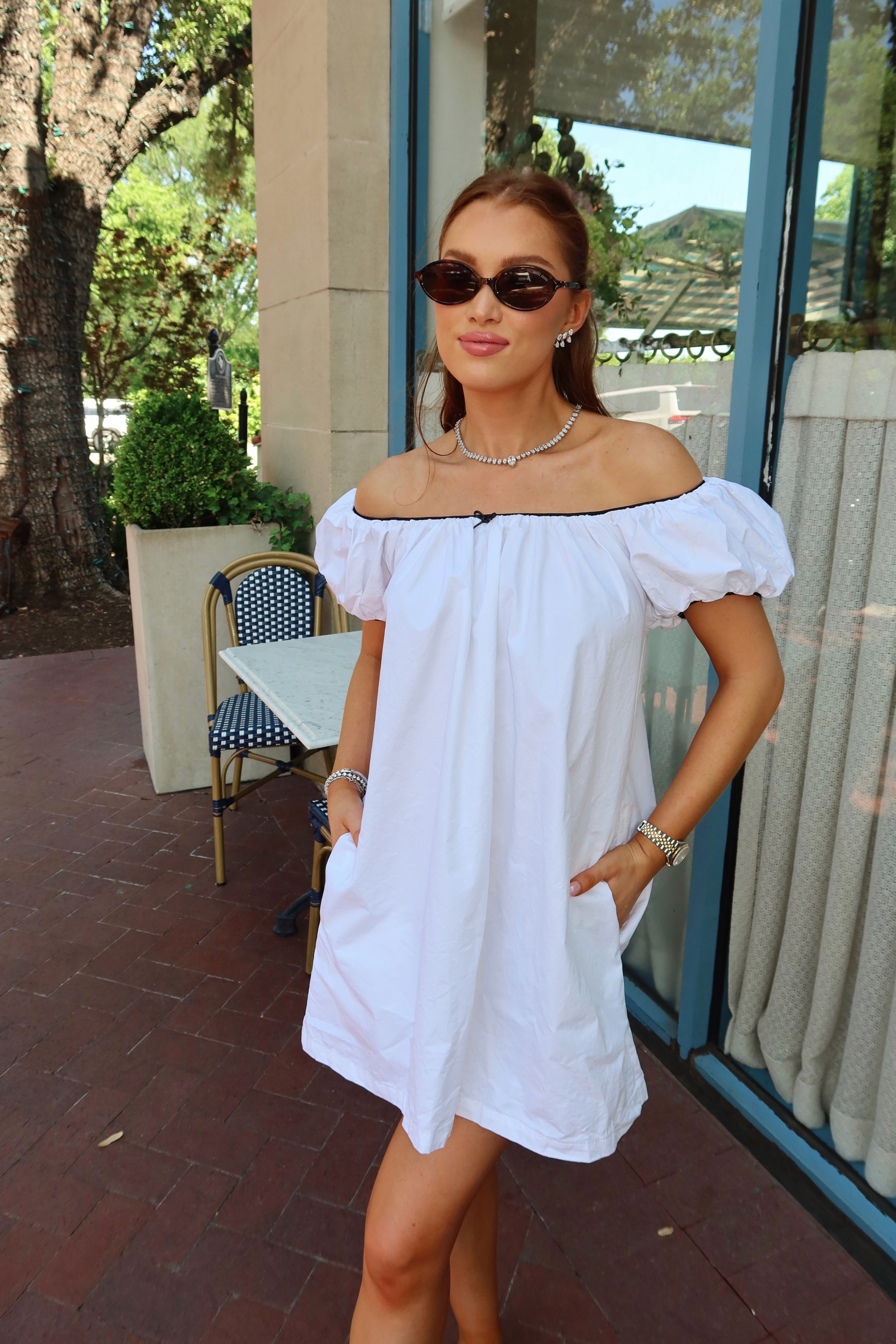 Saylor Mae White Baby Doll Dress with Black Piping + Bow