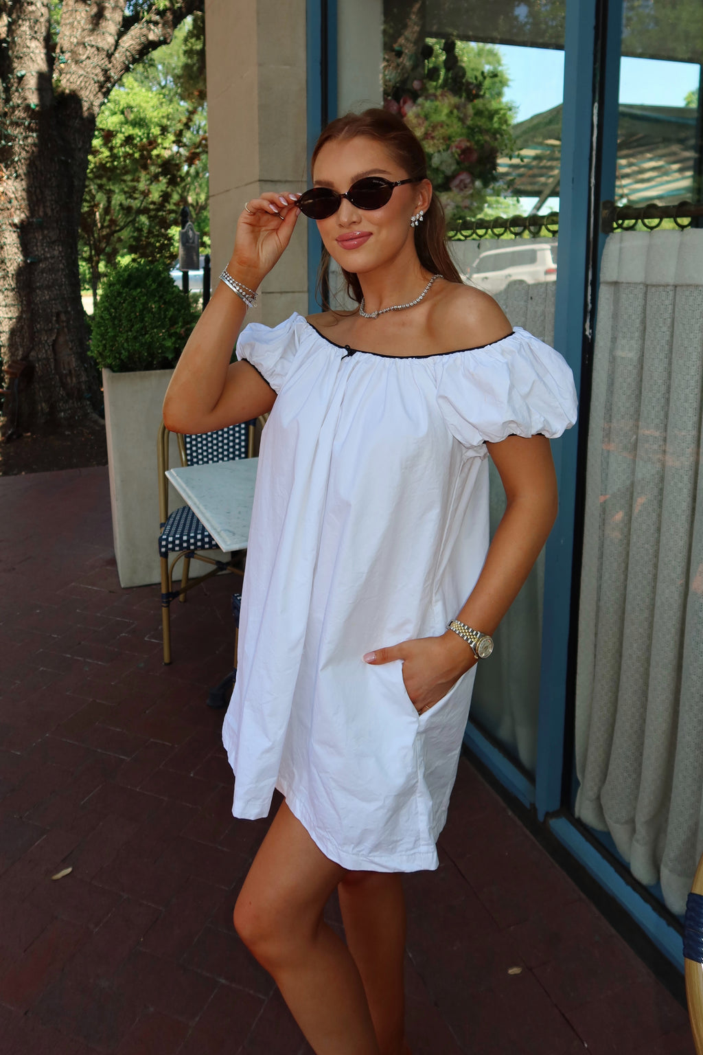 Saylor Mae White Baby Doll Dress with Black Piping + Bow