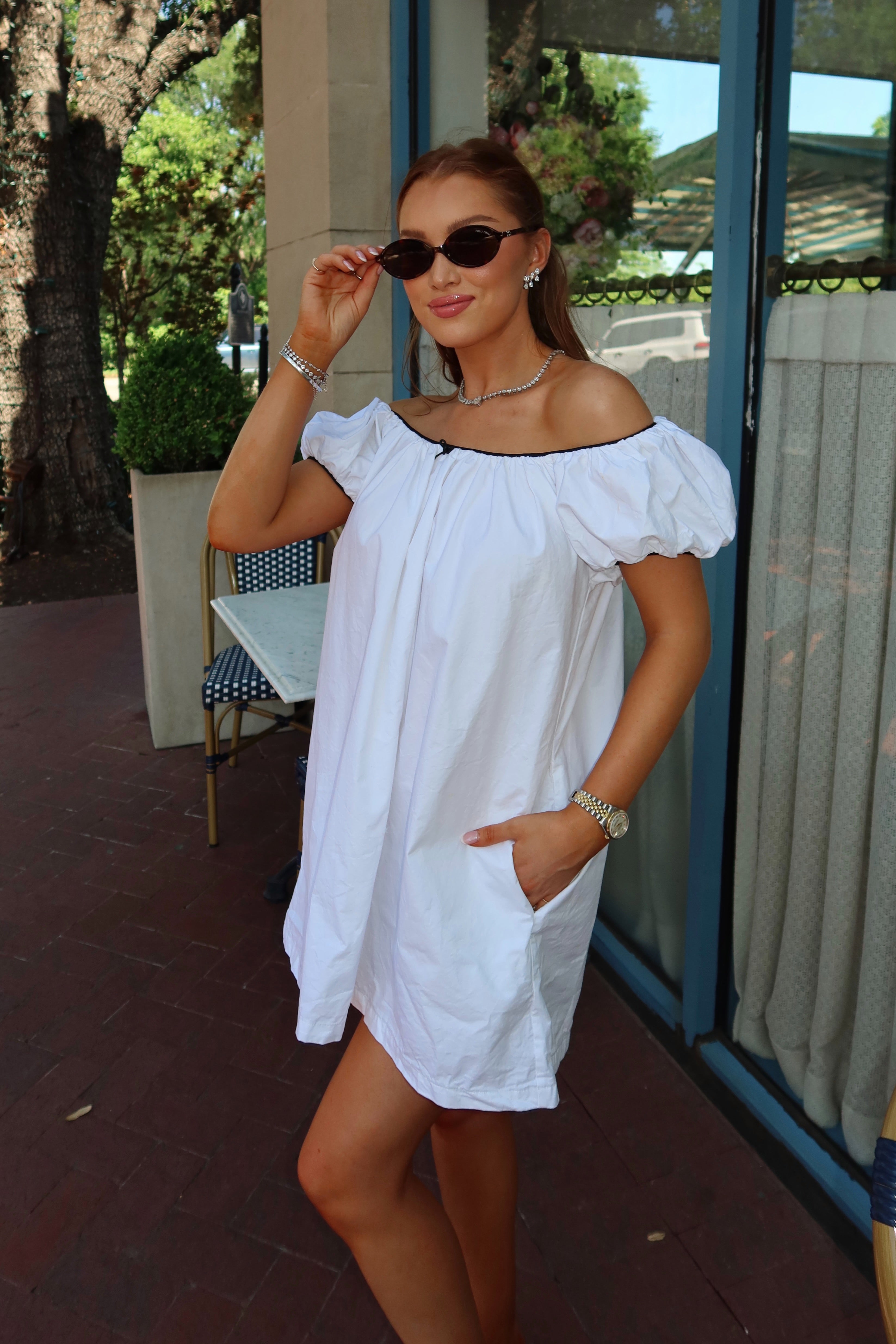 Saylor Mae White Baby Doll Dress with Black Piping + Bow