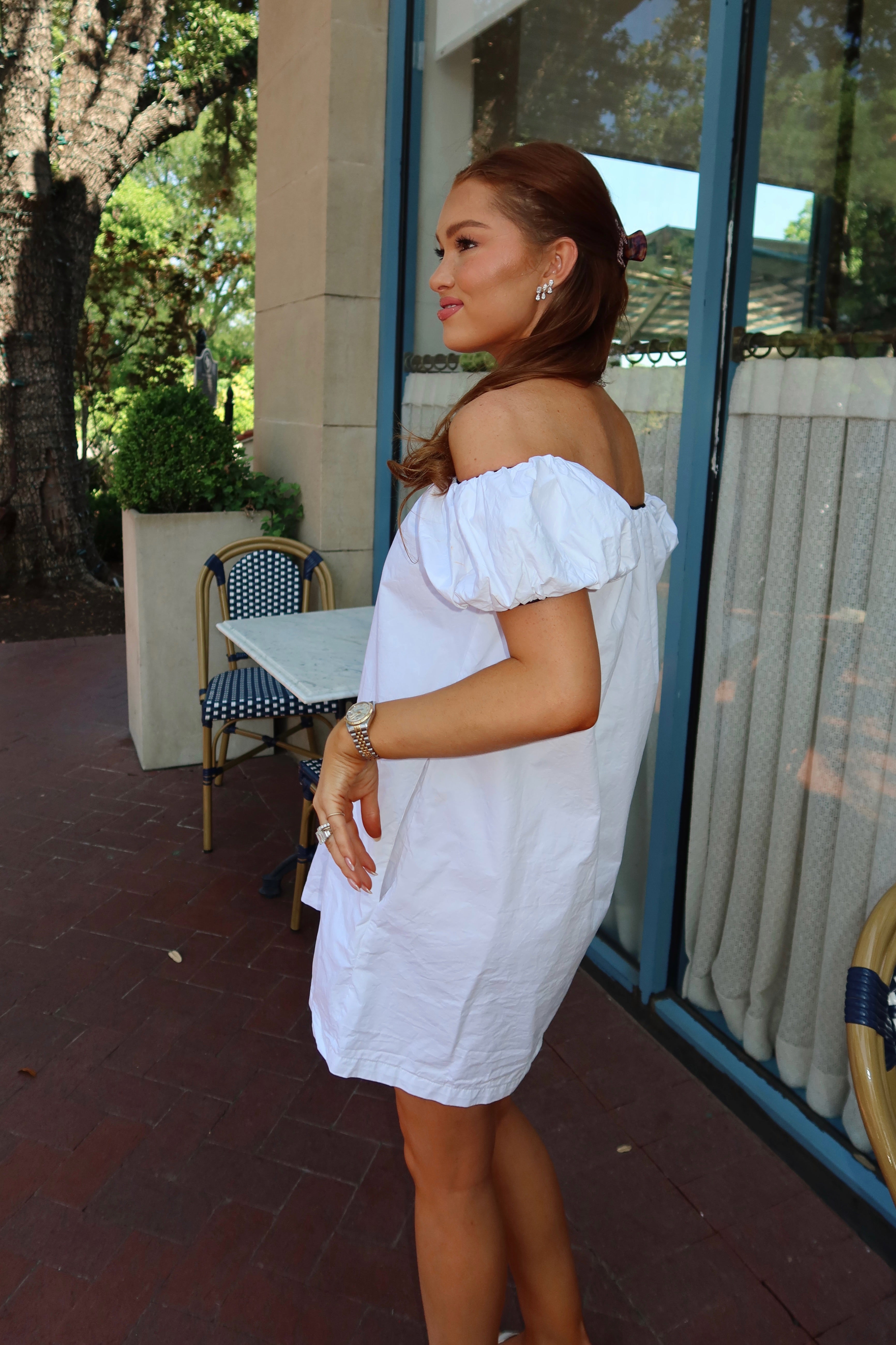 Saylor Mae White Baby Doll Dress with Black Piping + Bow